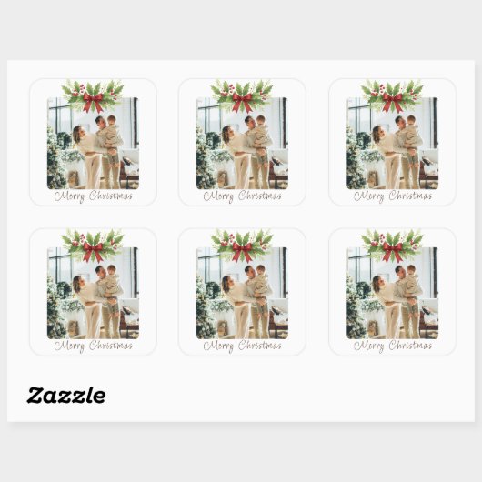 Elegante Holly & Red Bow Kerstmis - Vierkante Sticker (Vel)