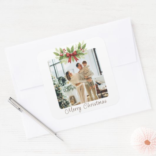 Elegante Holly & Red Bow Kerstmis - Vierkante Sticker (Envelop)