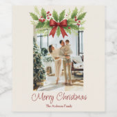 Elegante Holly & Red Bow Kerstmis - Wijn Etiket (Enkel label)