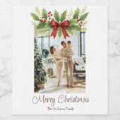 Elegante Holly & Red Bow Kerstmis - Wijn Etiket (Enkel label)