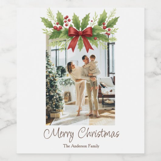 Elegante Holly & Red Bow Kerstmis - Wijn Etiket (Enkel label)