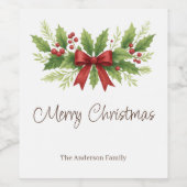 Elegante Holly & Red Bow Kerstmis - Wijn Etiket (Enkel label)