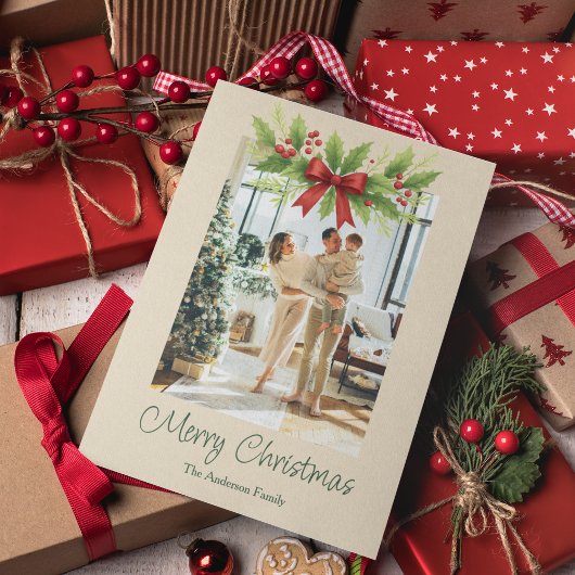 Elegante Holly & Red Bow Kerstvakantie Kaart