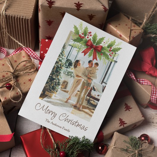 Elegante Holly & Red Bow Kerstvakantie Kaart