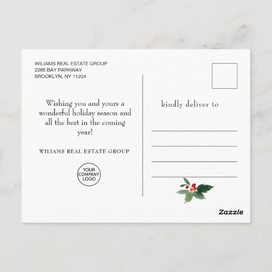 Elegante Holly Tree Kerstmis Corporate Groet Po Briefkaart (Achterkant)