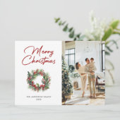 Elegante Holly Wreath Foto Merry Christmas Kaart (Staand voorkant)