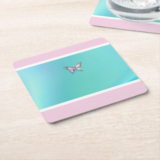 Elegante holografische Aqua Butterfly Paper Onderz Kartonnen Onderzetters (Schuin)