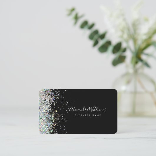 Elegante Holografische Glitter Esthetician Zwart Visitekaartje (Staand voorkant)