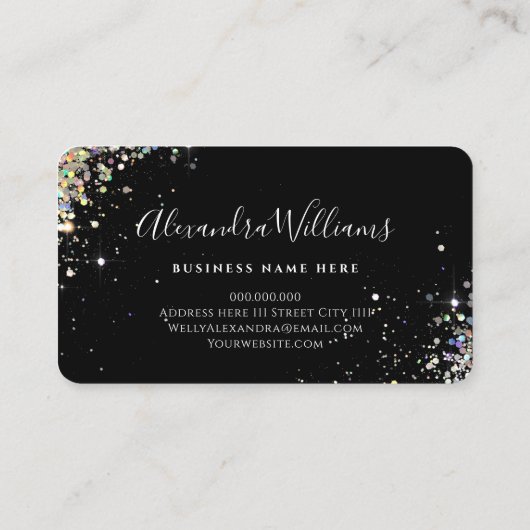 Elegante Holografische Glitter Esthetician Zwart Visitekaartje (Achterkant)