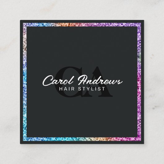 Elegante Holografische Glitter Lijst Hair Stylist Vierkante Visitekaartje (Achterkant)