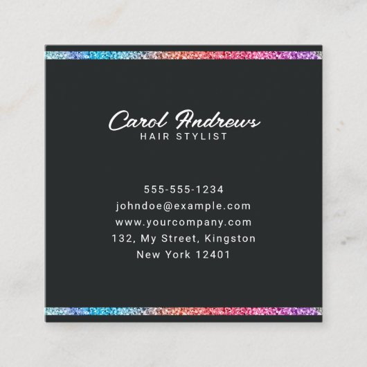 Elegante Holografische Glitter Lijst Hair Stylist Vierkante Visitekaartje (Voorkant)