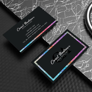 Elegante Holografische Glitter & Zwarte Haarstylis Visitekaartje