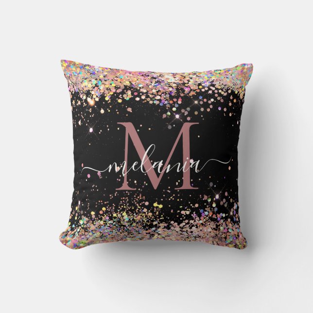 Elegante holografische glitters monogram naam zwar kussen (Voorkant)