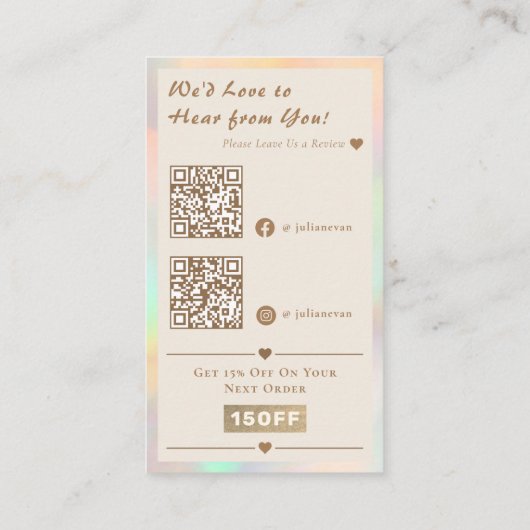 Elegante Holografische Gouden Hart QR Code Dank u Visitekaartje (Achterkant)