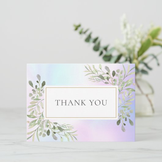 Elegante holografische groen bladeren dank u bedankkaart (Staand voorkant)