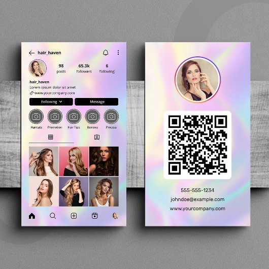 Elegante holografische kapper Instagram QR-code Visitekaartje