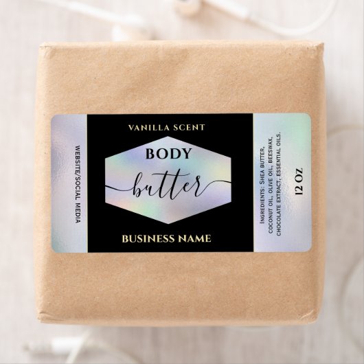 Elegante holografische script body butter etiket (Insitu)