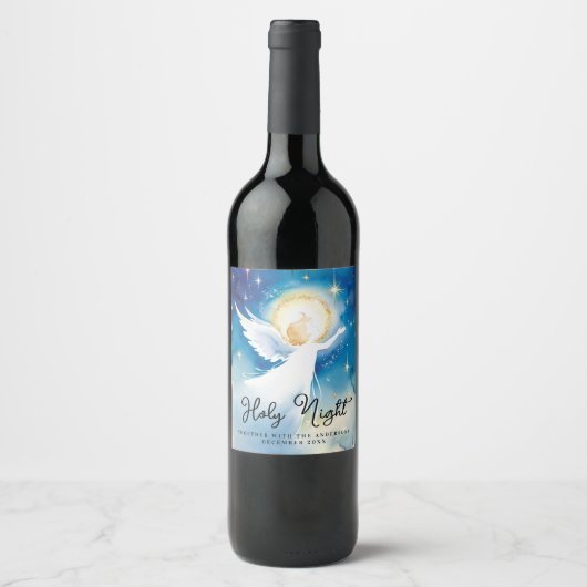 Elegante Holy Night Blue Guardian Angel Waterverf Wijn Etiket (Voorkant)