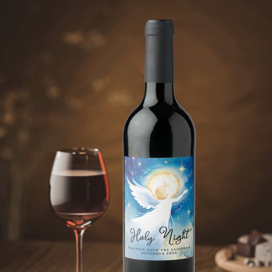 Elegante Holy Night Blue Guardian Angel Waterverf Wijn Etiket
