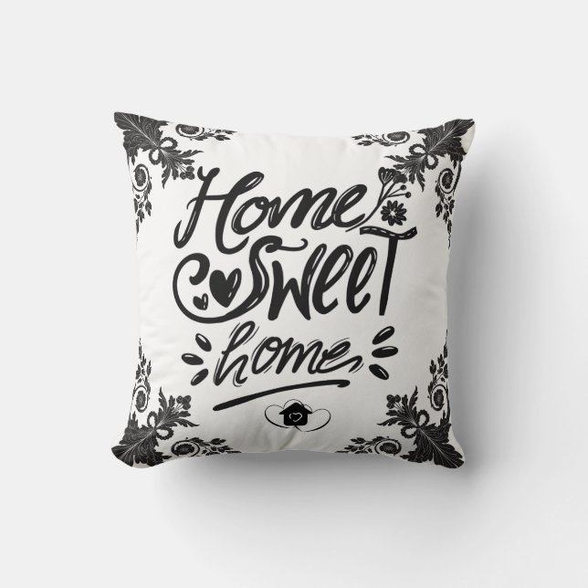 Elegante "Home Sweet Home" Zwart & Wit Decoratief Kussen (Voorkant)