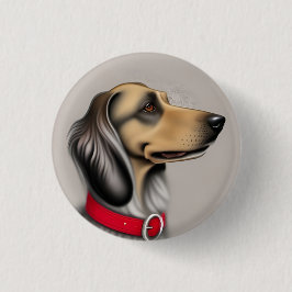 Elegante hond met rode halsband zijdelings geposee ronde button 3,2 cm