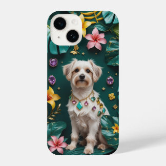 Elegante hond met tropische bloemen en edelsteen iPhone 14 hoesje