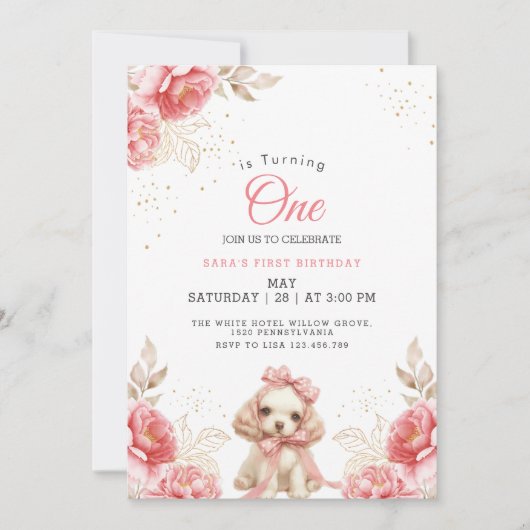 Elegante hond & perzik bloem eerste 1e verjaardag  kaart (Voorkant)