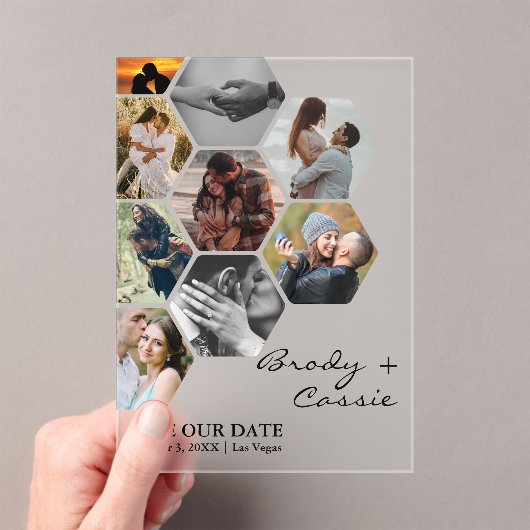 Elegante Honeycomb Fotobruiloft Bewaar de datum Acryl Uitnodigingen (Insitu (Draagbaar))