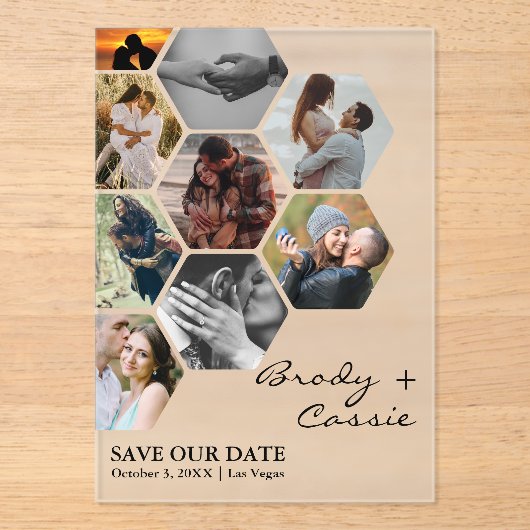 Elegante Honeycomb Fotobruiloft Bewaar de datum Acryl Uitnodigingen (Voorkant)