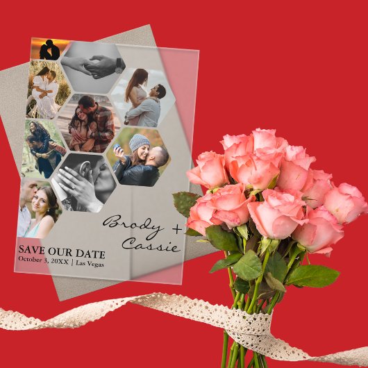 Elegante Honeycomb Fotobruiloft Bewaar de datum Acryl Uitnodigingen