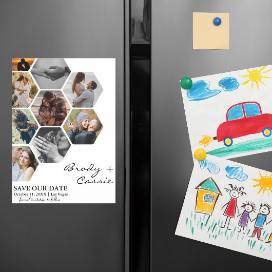 Elegante Honeycomb Fotobruiloft Bewaar de datum Magnetische Uitnodiging