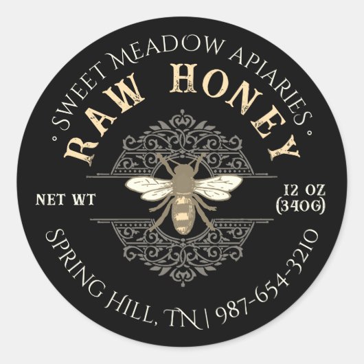 Elegante Honingbij op Frans Filagreement Honing Zw Ronde Sticker (Voorkant)