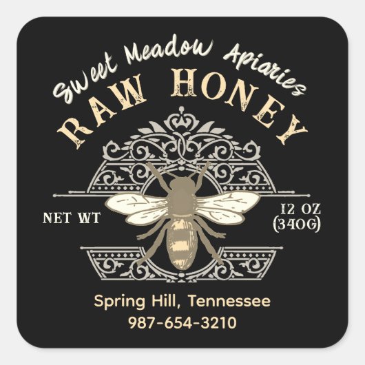 Elegante Honingbij op Frans Filagreement Honing Zw Vierkante Sticker (Voorkant)