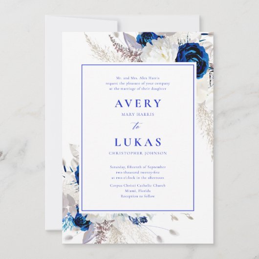 Elegante Horizon Blauw & Wit Bloemen Bruiloft Invi Kaart (Voorkant)