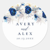 Elegante Horizon Blauw & Wit Bloemen Bruiloft Ronde Sticker (Voorkant)