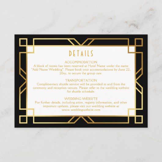 Elegante Horizontale Art Deco Classic Goud Zwart Informatiekaartje (Voorkant)