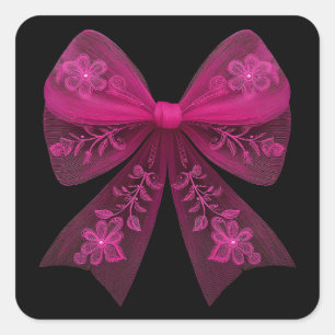 Elegante Hot Pink Bow met Floral Lace Design Vierkante Sticker