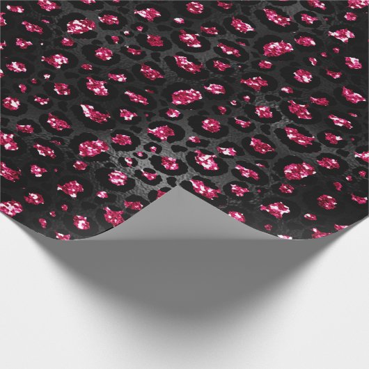 Elegante Hot Pink en Black Glitter Leopard Spots Cadeaupapier (Hoek)