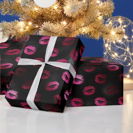 Elegante Hot Pink en Black Glitter Lipstick Lips Cadeaupapier (Feestdagen)