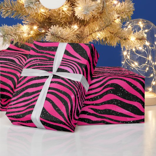 Elegante Hot Pink en Black Glitter Tiger Stripes Cadeaupapier (Feestdagen)