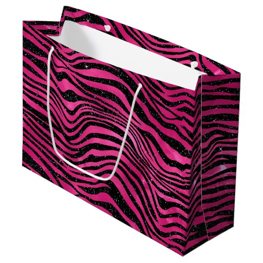 Elegante Hot Pink en Black Glitter Tiger Stripes Groot Cadeauzakje (Voorkant Gekanteld)