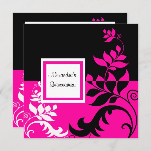 Elegante Hot Pink en Black Vine Quinceanera Kaart (Voorkant / Achterkant)