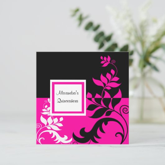 Elegante Hot Pink en Black Vine Quinceanera Kaart (Staand voorkant)