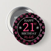 Elegante Hot Pink Glitter & Black Flowers Verjaard Ronde Button 7,6 Cm (Voorkant /achterkant)