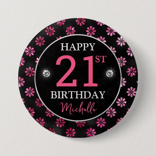 Elegante Hot Pink Glitter & Black Flowers Verjaard Ronde Button 7,6 Cm (Voorkant)