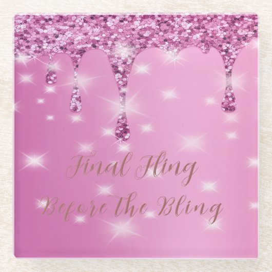 Elegante Hot Pink Glitter Drip Bachelorette Glazen Onderzetter (Voorkant)