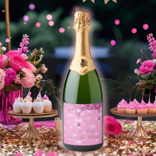 Elegante Hot Pink Glitter Drip Bachelorette Sparkling Wijnetiket