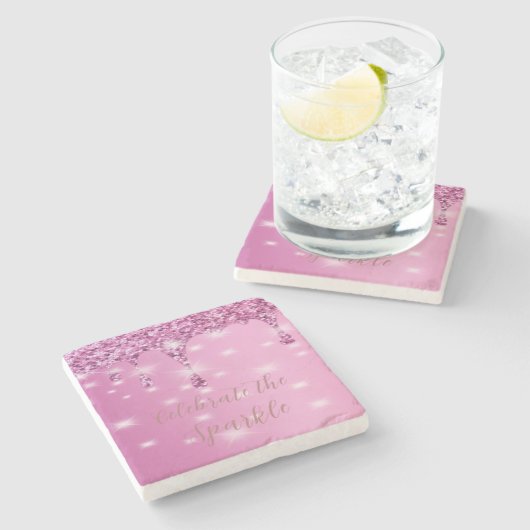 Elegante Hot Pink Glitter Drip Bachelorette Stenen Onderzetter (Zijkant)