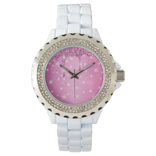 Elegante Hot Pink Glitter Drip Horloge (Voorkant)