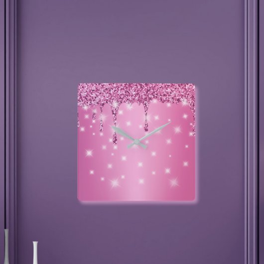 Elegante Hot Pink Glitter Drip Vierkante Klok